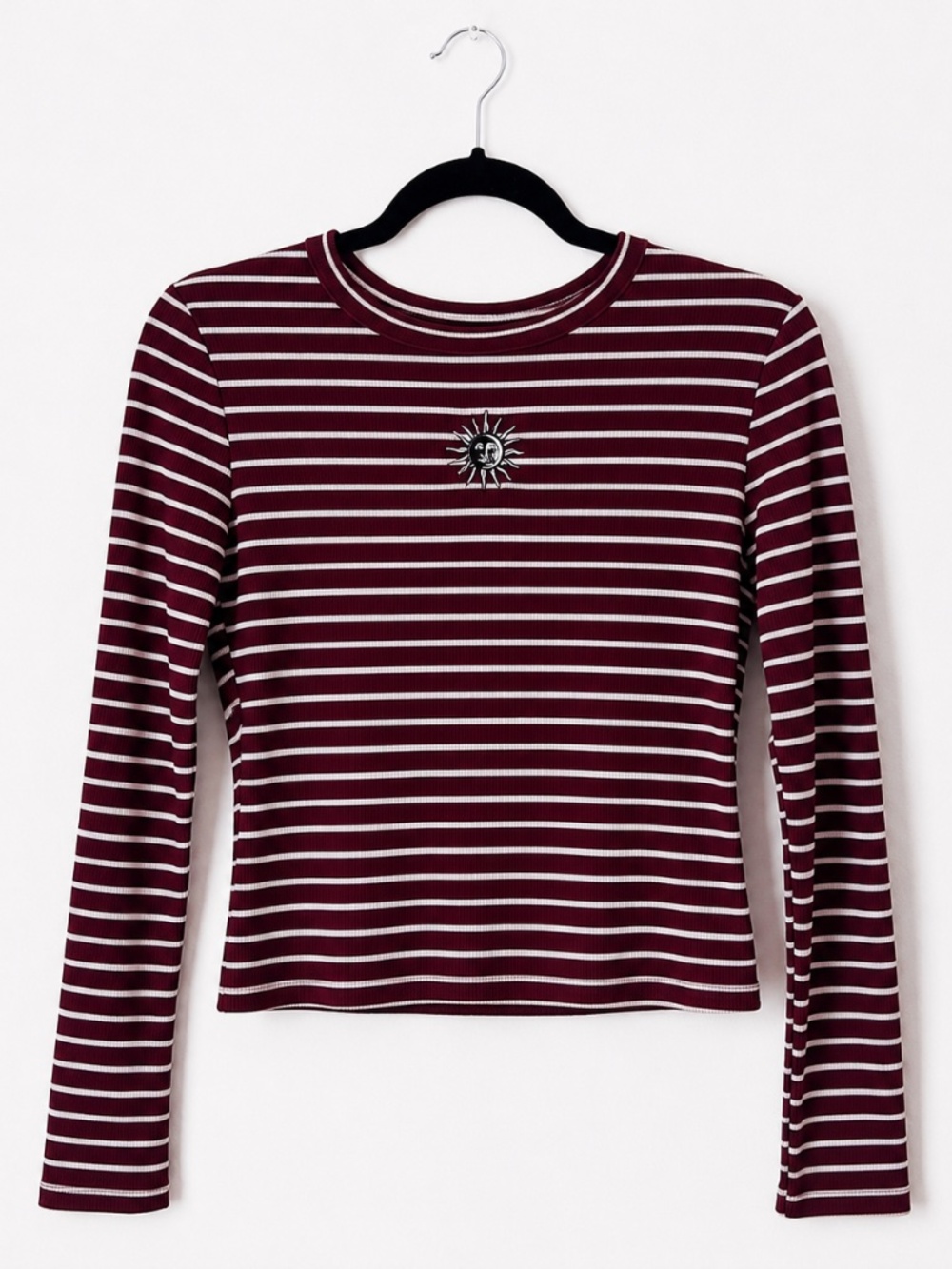 Y2K Burgundy Striped Celestial Sun Embroidered Baby Tee Long Sleeve Grunge